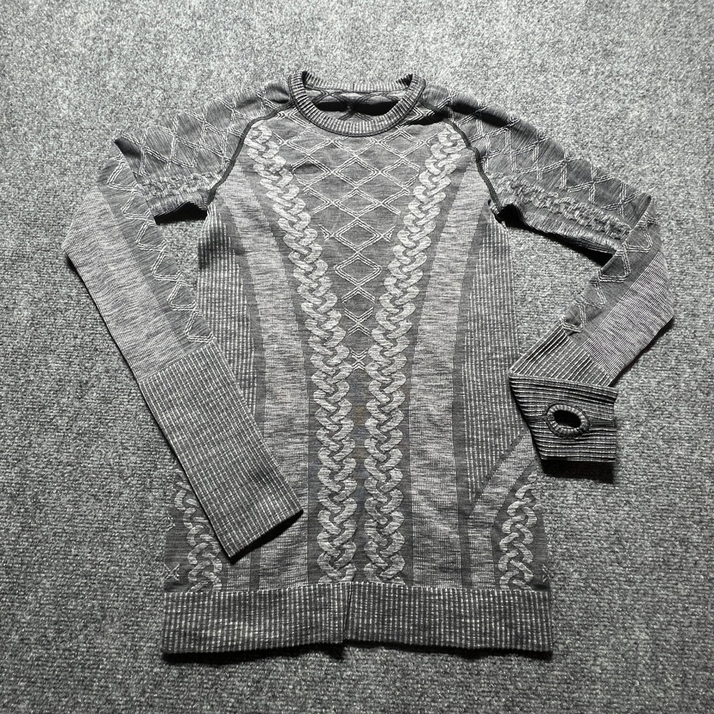 Lululemon Rest Less Pullover Gray Space Dye Cable Knit Running Top Thumbholes